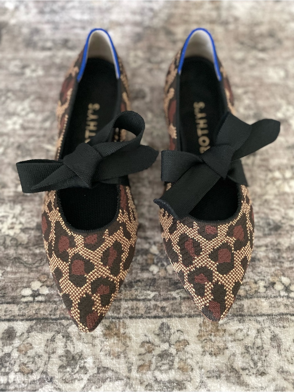 Rothy's The Mary Jane Point Toe Flats Big Bow Leopard Print size 9.5 Brown